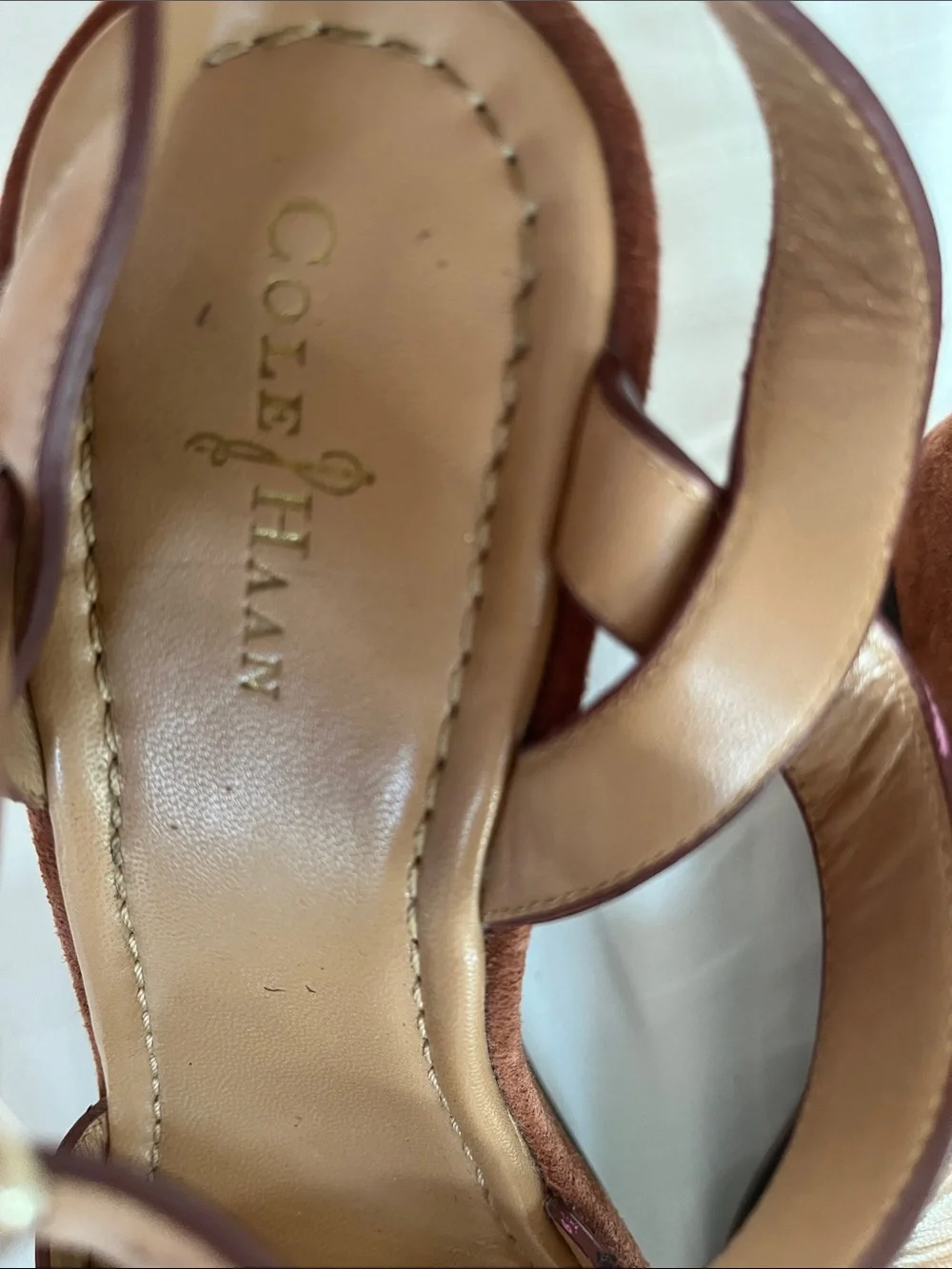 Cole Haan Brown Suede and Leather Wedge Sandal with Ankle Strap